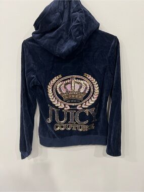 Juicy Couture Navy Velour Zip Hoodie Medium Y2K Crown Bling Track Jacket